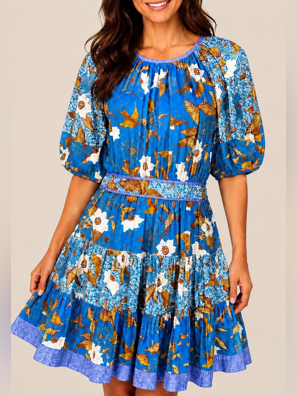 Ulla Johnson Blue Floral Puff Sleeve Tiered Mini Dress Size 6 NWT